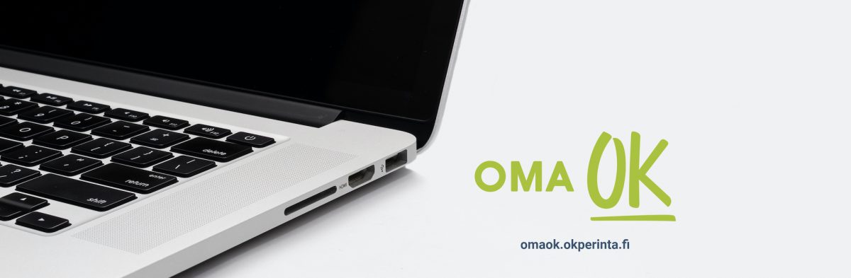 Kannettava tietokone ja Oma OK -palvelun logo.
